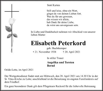 Traueranzeige von Elisabeth Peterkord von Die Glocke