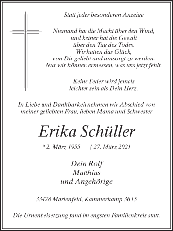 Traueranzeige von Erika Schüller von Die Glocke