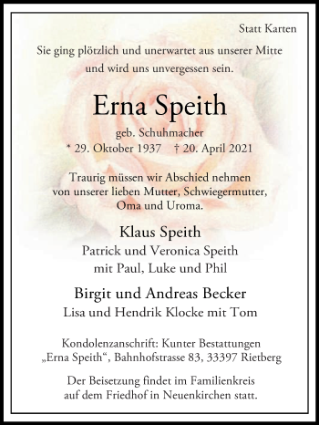 Traueranzeige von Erna Speith von Die Glocke