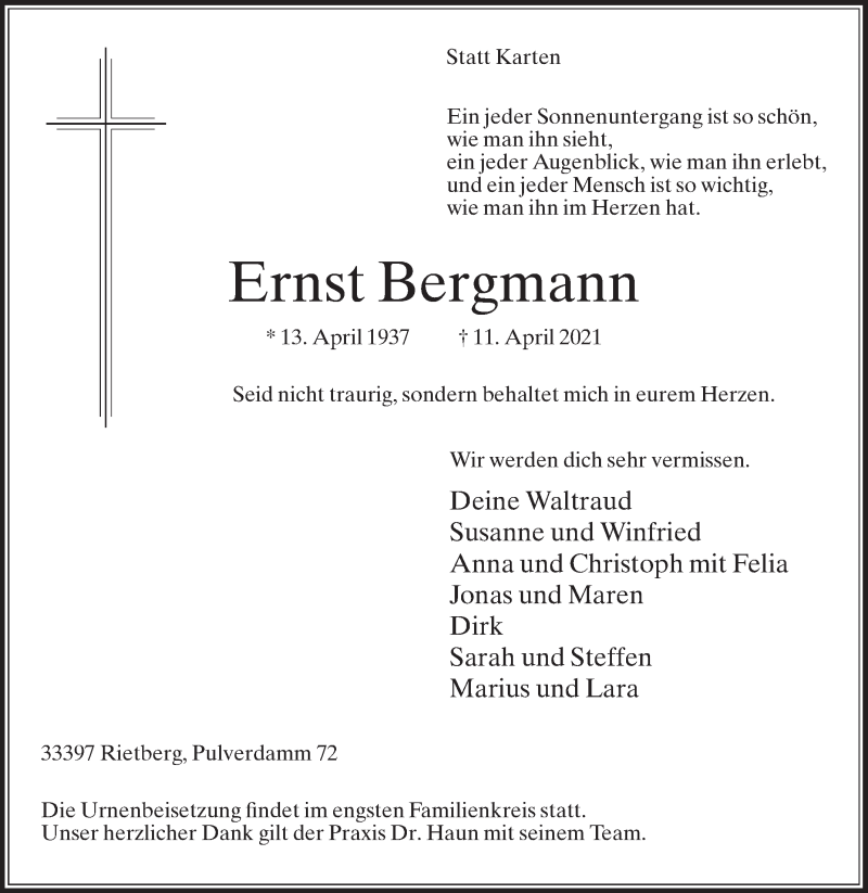  Traueranzeige für Ernst Bergmann vom 17.04.2021 aus Die Glocke
