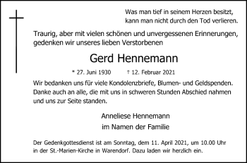 Traueranzeige von Gerd Hennemann von Die Glocke
