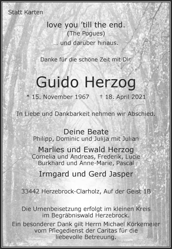  Traueranzeige für Guido Herzog vom 24.04.2021 aus Die Glocke