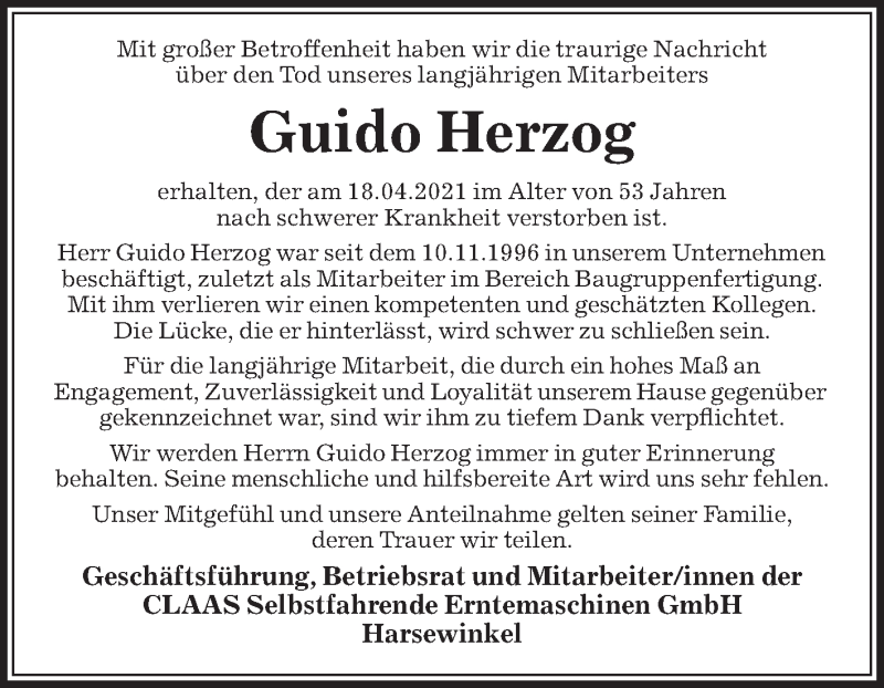  Traueranzeige für Guido Herzog vom 24.04.2021 aus Die Glocke