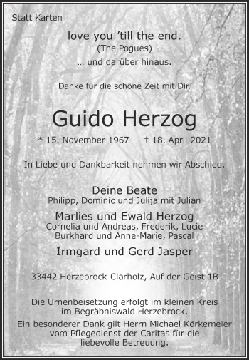 Traueranzeige von Guido Herzog von Die Glocke