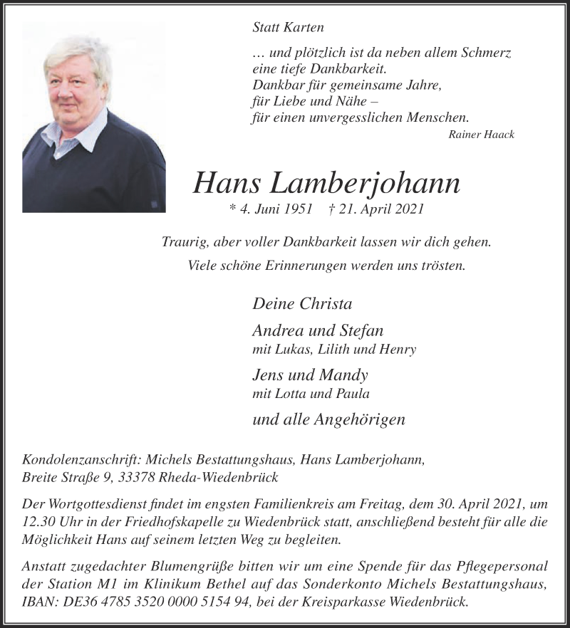  Traueranzeige für Hans Lamberjohann vom 24.04.2021 aus Die Glocke