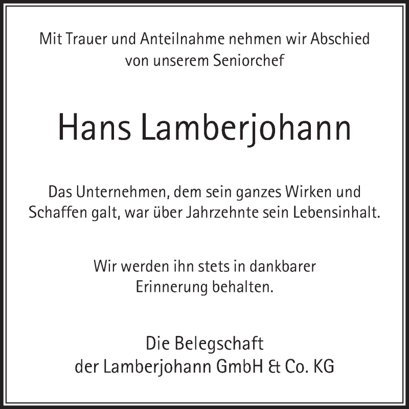  Traueranzeige für Hans Lamberjohann vom 24.04.2021 aus Die Glocke