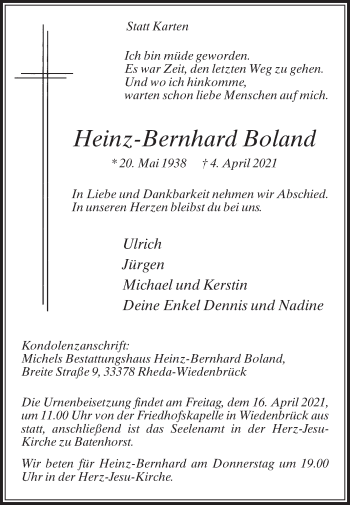 Traueranzeige von Heinz-Bernhard Boland von Die Glocke
