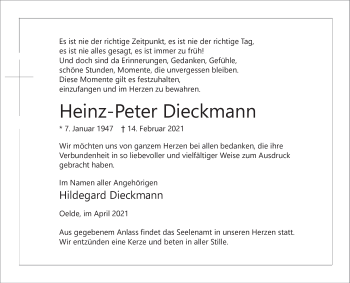 Traueranzeige von Heinz-Peter Dieckmann von Die Glocke
