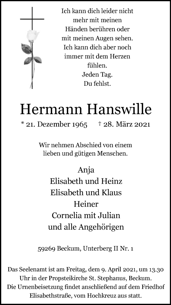  Traueranzeige für Hermann Hanswille vom 02.04.2021 aus Die Glocke