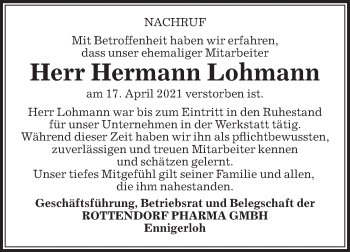 Traueranzeige von Hermann Lohmann von Die Glocke