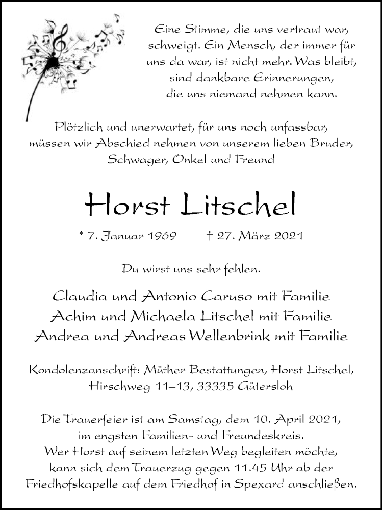  Traueranzeige für Horst Litschel vom 02.04.2021 aus Die Glocke