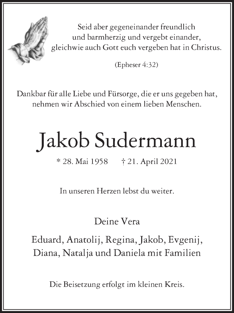  Traueranzeige für Jakob Sudermann vom 24.04.2021 aus Die Glocke