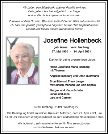 Traueranzeige von Josefine Hollenbeck von Die Glocke