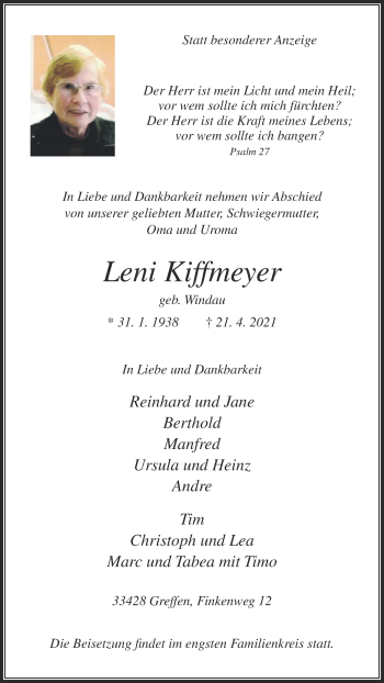 Traueranzeige von Leni Kiffmeyer von Die Glocke