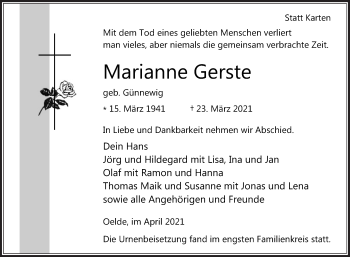 Traueranzeige von Marianne Gerste von Die Glocke