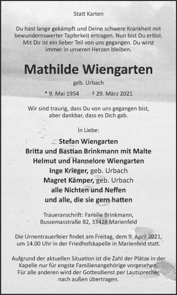 Traueranzeige von Mathilde Wiengarten von Die Glocke