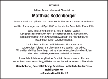 Traueranzeige von Matthias Bodenberger von Die Glocke