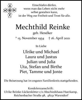 Traueranzeige von Mechthild Reinke von Die Glocke