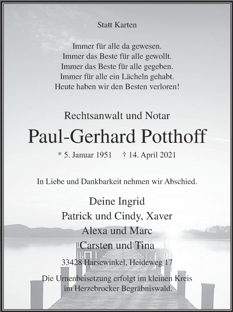  Traueranzeige für Paul-Gerhard Potthoff vom 17.04.2021 aus Die Glocke