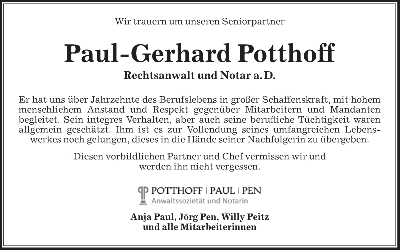  Traueranzeige für Paul-Gerhard Potthoff vom 17.04.2021 aus Die Glocke