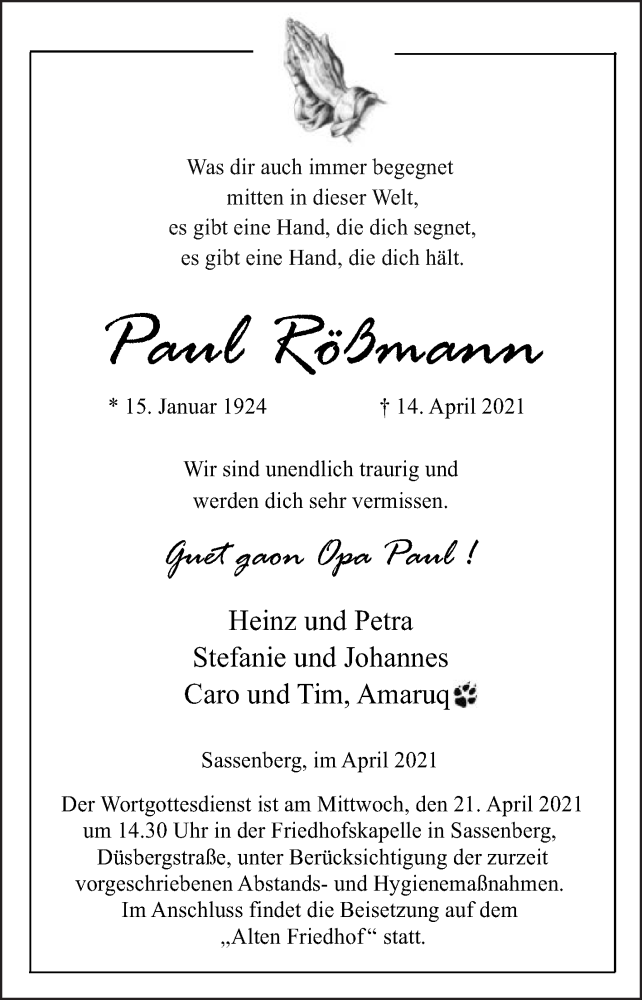  Traueranzeige für Paul Rößmann vom 17.04.2021 aus Die Glocke