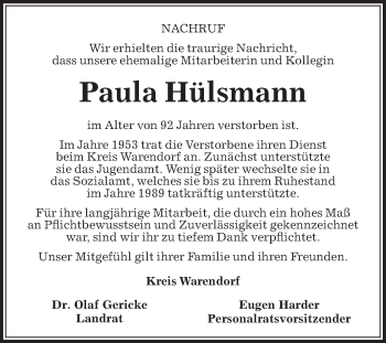 Traueranzeige von Paula Hülsmann von Die Glocke
