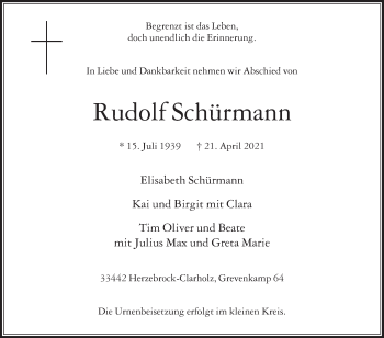 Traueranzeige von Rudolf Schürmann von Die Glocke