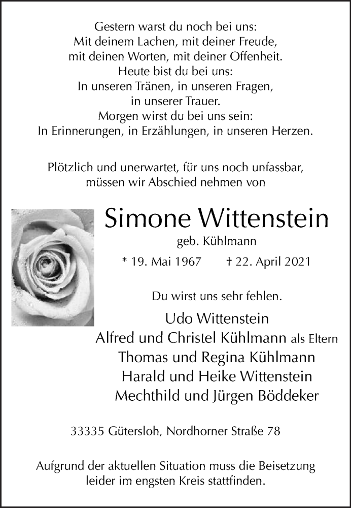  Traueranzeige für Simone Wittenstein vom 27.04.2021 aus Die Glocke