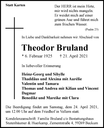 Traueranzeige von Theodor Bruland von Die Glocke