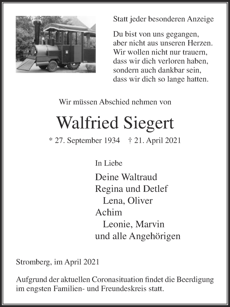  Traueranzeige für Walfried Siegert vom 24.04.2021 aus Die Glocke
