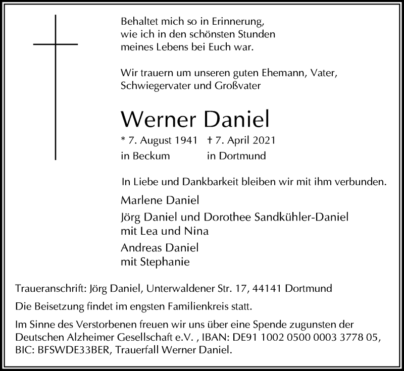  Traueranzeige für Werner Daniel vom 10.04.2021 aus Die Glocke