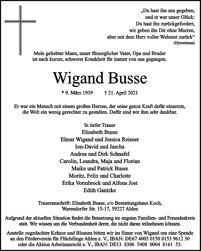  Traueranzeige für Wigand Busse vom 24.04.2021 aus Die Glocke