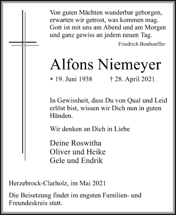 Traueranzeige von Alfons Niemeyer von Die Glocke