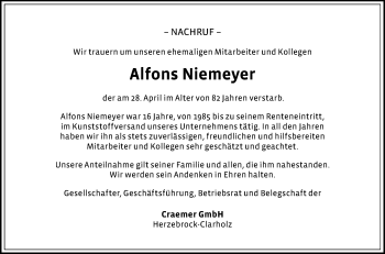 Traueranzeige von Alfons Niemeyer von Die Glocke