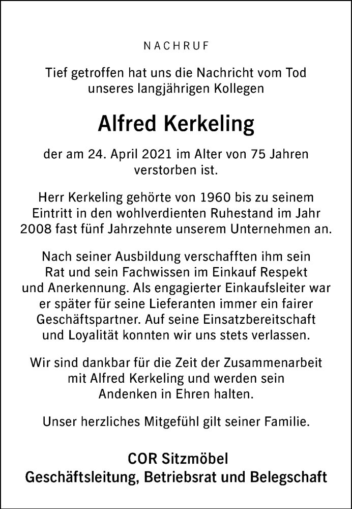  Traueranzeige für Alfred Kerkeling vom 01.05.2021 aus Die Glocke