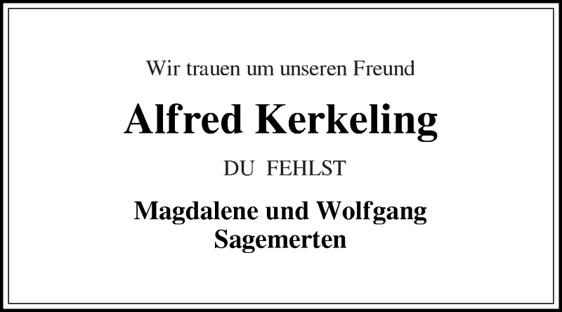  Traueranzeige für Alfred Kerkeling vom 01.05.2021 aus Die Glocke