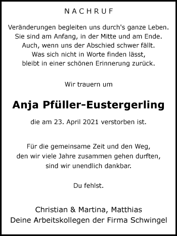 Traueranzeige von Anja Pfüller-Eustergerling von Die Glocke