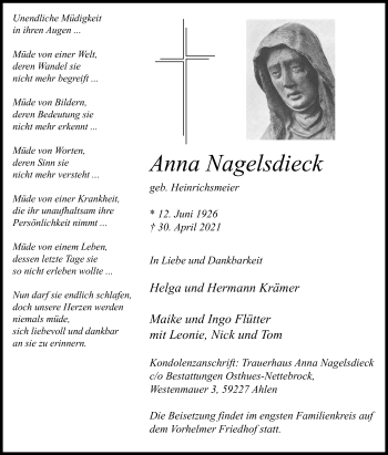 Traueranzeige von Anna Nagelsdieck von Die Glocke