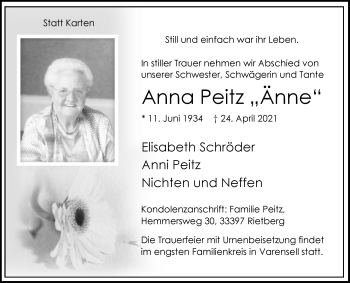 Traueranzeige von Anna Peitz von Die Glocke