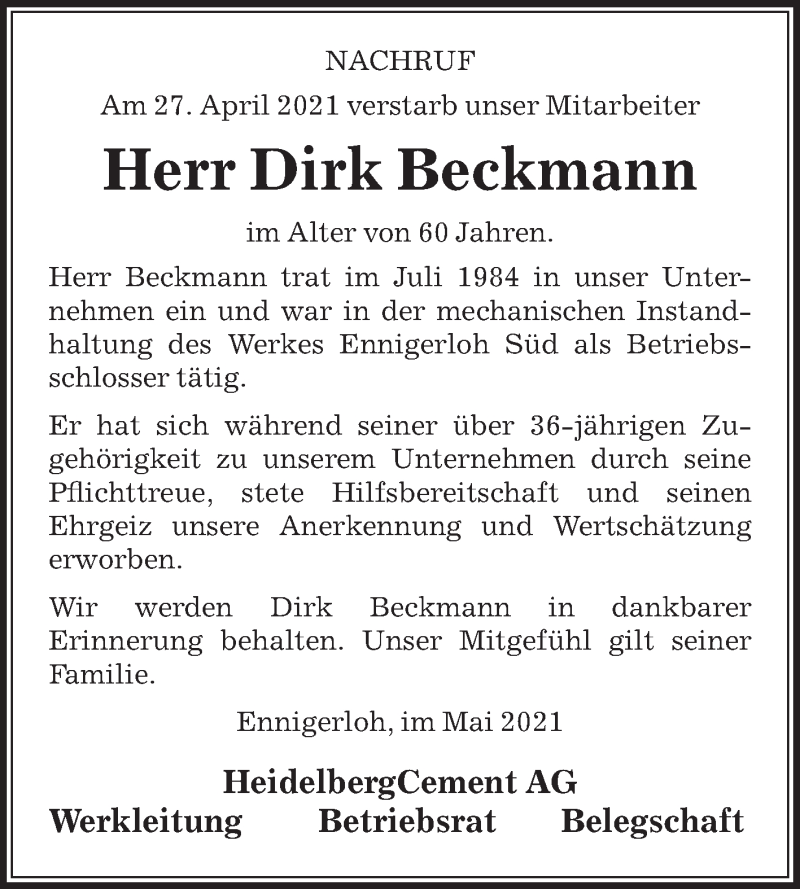  Traueranzeige für Dirk Beckmann vom 08.05.2021 aus Die Glocke