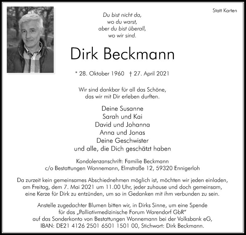  Traueranzeige für Dirk Beckmann vom 01.05.2021 aus Die Glocke