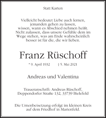 Traueranzeige von Franz Rüschoff von Die Glocke