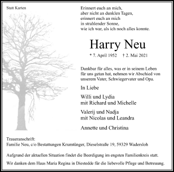 Traueranzeige von Harry Neu von Die Glocke