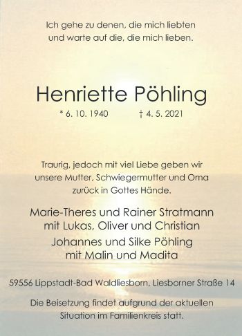 Traueranzeige von Henriette Pöhling von Die Glocke