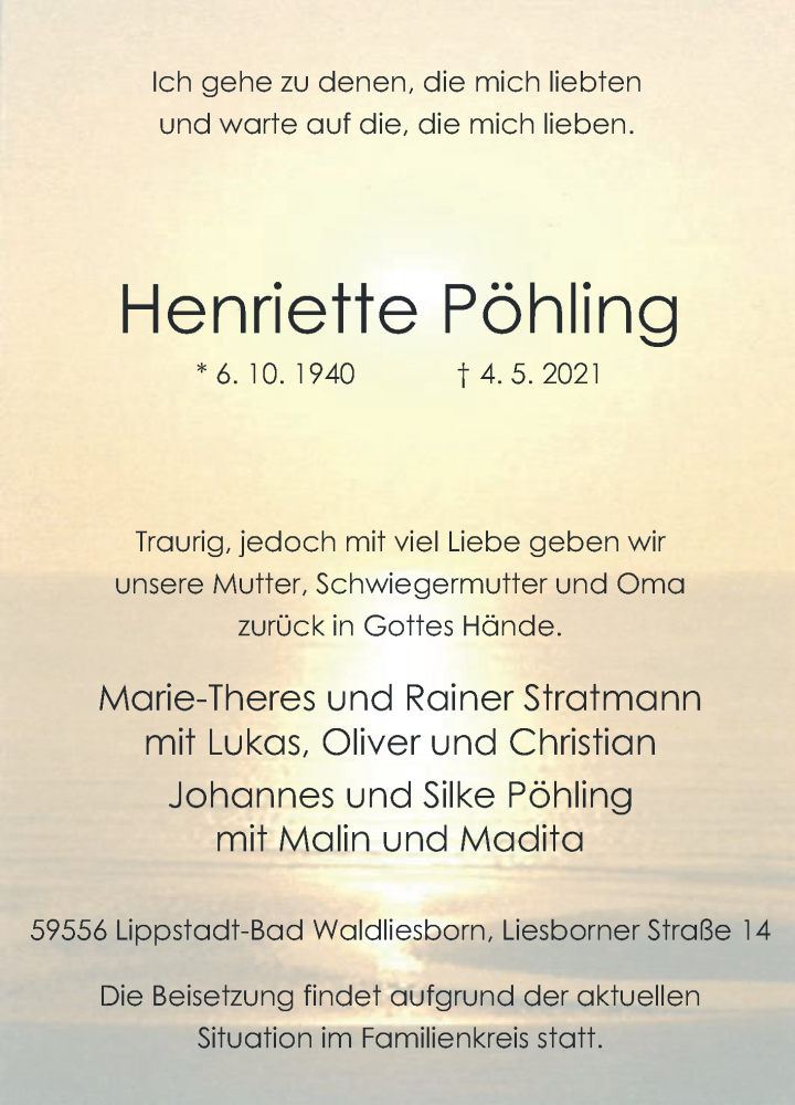  Traueranzeige für Henriette Pöhling vom 06.05.2021 aus Die Glocke