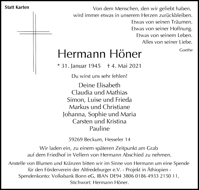  Traueranzeige für Hermann Höner vom 06.05.2021 aus Die Glocke