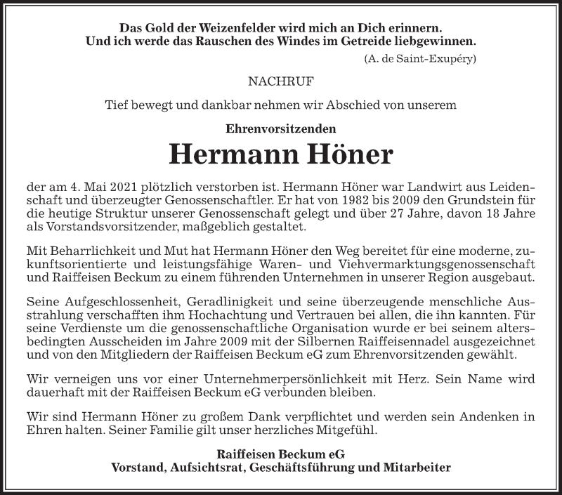  Traueranzeige für Hermann Höner vom 08.05.2021 aus Die Glocke