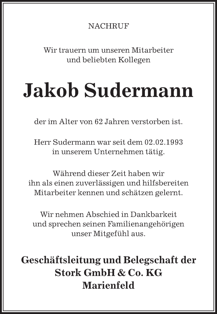  Traueranzeige für Jakob Sudermann vom 01.05.2021 aus Die Glocke