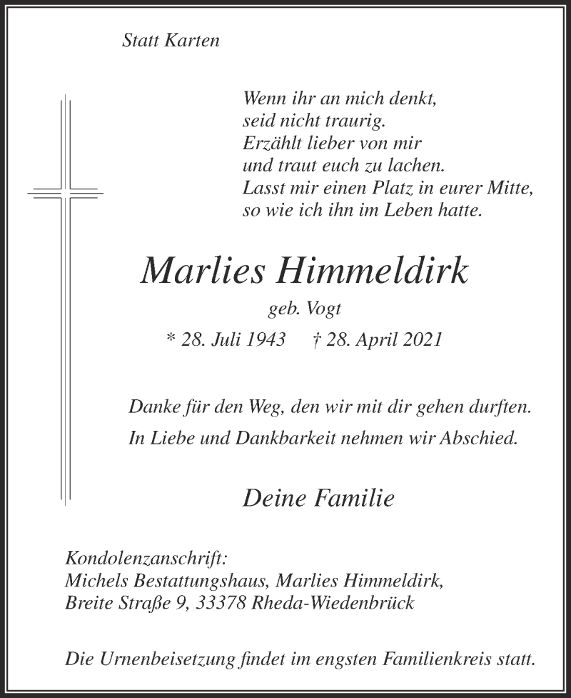  Traueranzeige für Marlies Himmeldirk vom 01.05.2021 aus Die Glocke