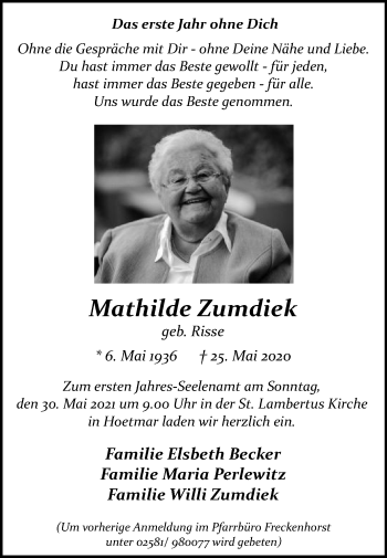 Traueranzeige von Mathilde Zumdiek von Die Glocke
